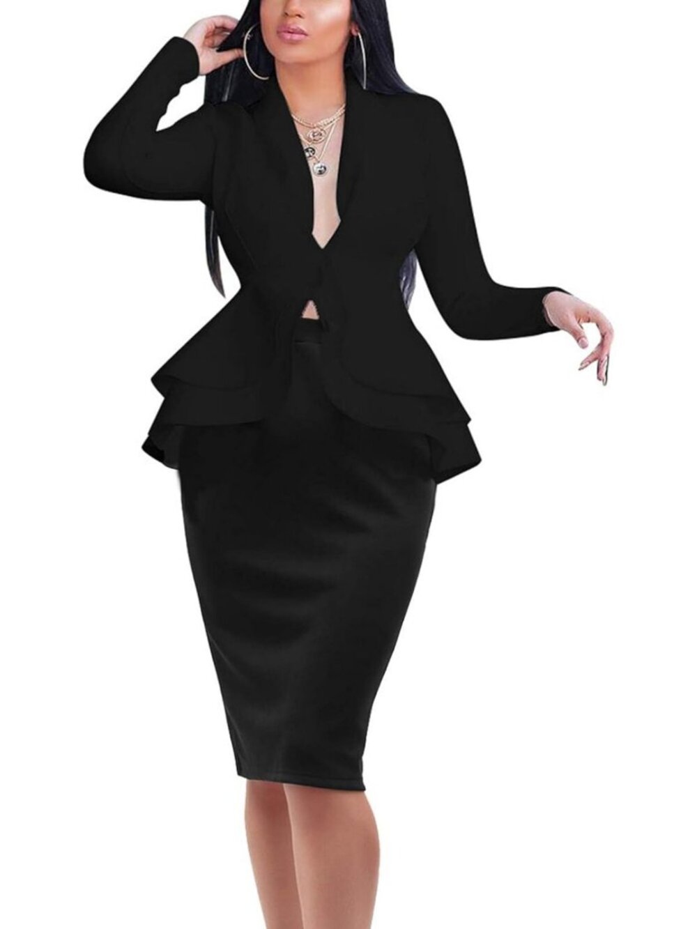 Chic Two-Piece Skirt Suit Set for Women | Peplum Blazer & Pencil Skirt